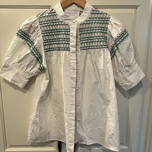 The Shirt by Rochelle Behrens White Blouse with Green and Pink Accents